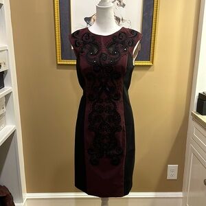 Eggplant and black embroidered pencil dress by Karen Millen